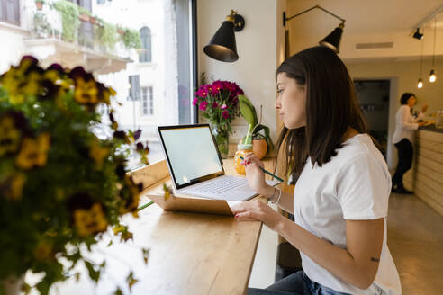 Junge Frau mit Laptop und Notizen in einem Café - GIOF07095