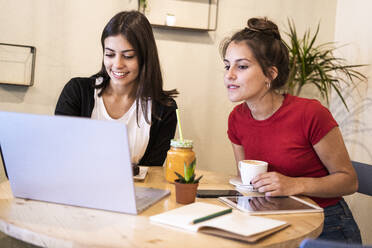 Zwei junge Frauen benutzen einen Laptop in einem Cafe - GIOF07119