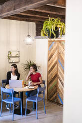 Zwei junge Frauen mit Laptop in einem Cafe - GIOF07120