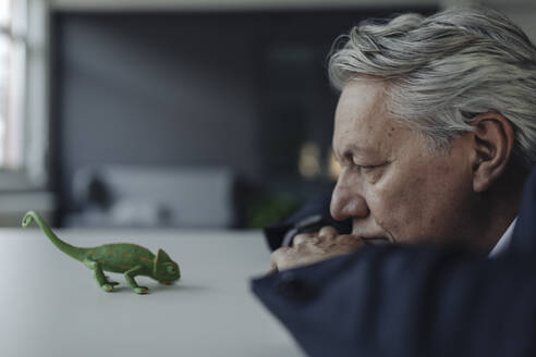 Senior businessman looking at toy chameleon - GUSF02549
