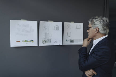 Senior businessman looking at papers hanging on the wall - GUSF02613