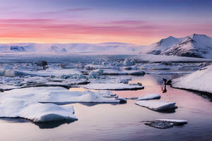 Scenic view of Jokulsarlon lagoon against sky during sunset, Iceland - XCF00211