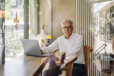 Portrait of senior businessman with laptop in a cafe - GUSF02618