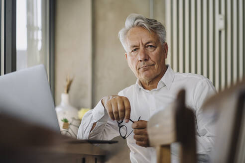Portrait of senior businessman with laptop in a cafe - GUSF02622