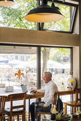 Glücklicher älterer Geschäftsmann mit Laptop in einem Café - GUSF02623