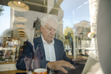 Älterer Geschäftsmann benutzt Laptop in einem Café - GUSF02633