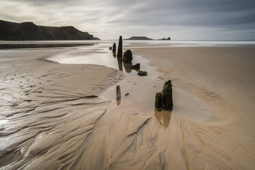 Low tide, sunset, Rhossilli Bay, Gower, South Wales, United Kingdom, Europe - RHPLF10217