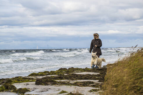 Frau mit Hund beim Spaziergang am Strand - JOHF00336