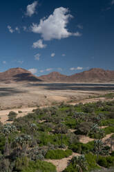 Blick über das Hoarusib-Flussbett, Bergkette im Hintergrund, Puros, nördlich von Sesfontein, Nambia, Afrika - RHPLF10310