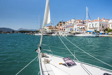 Sailing boats in Poros Island port, Saronic Island, Aegean Coast, Greek Islands, Greece, Europe - RHPLF10377