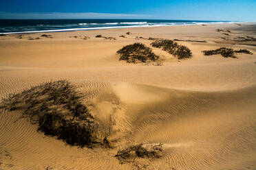 Sand dunes, blown by wind into pronounced furrows stretching into the distance by the sea and surf, near Sandwich Bay, Namibia, Africa - RHPLF10533