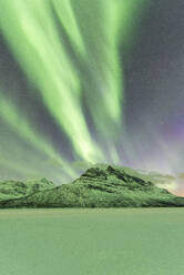 Nordlicht (Aurora borealis) auf dem zugefrorenen See Skoddebergvatnet, Grovfjord, Bezirk Troms, Lofoten, Nordland, Norwegen, Europa - RHPLF10591