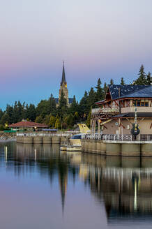 San Carlos Port and Cathedral at dusk, San Carlos de Bariloche, Nahuel Huapi National Park, Rio Negro Province, Argentina, South America - RHPLF10623