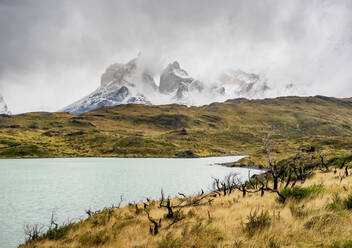 Blick über den Pehoe-See in Richtung Cuernos del Paine, Nationalpark Torres del Paine, Patagonien, Chile, Südamerika - RHPLF10690