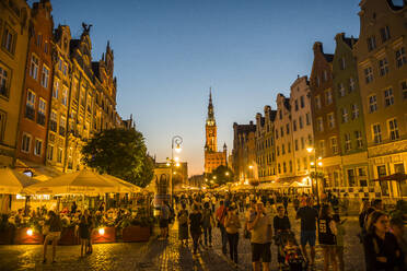 Hanseatic League houses with the town hall after sunset in the pedestrian zone of Gdansk, Poland, Europe - RHPLF10831