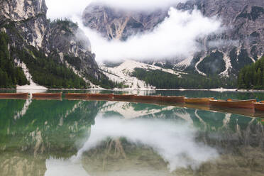 Boats at Braies Lake (Pragser Wildsee), Braies (Prags), South Tyrol, Dolomites, Italy, Europe - RHPLF10885