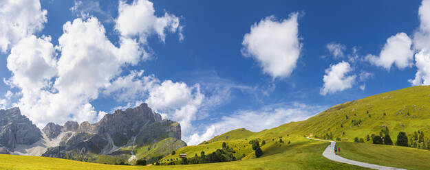 Panoramablick auf eine Weide bei Forcella de Furcia, Longiaru, Gadertal, Südtirol, Dolomiten, Italien, Europa - RHPLF10892