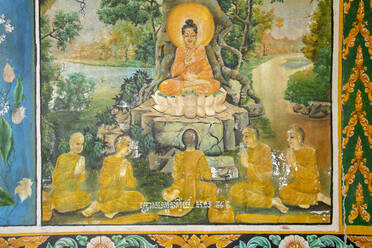 Mural showing scenes from the life of the Buddha, Takeo, Cambodia, Indochina, Southeast Asia, Asia - RHPLF10982