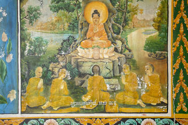 Wandgemälde mit Szenen aus dem Leben des Buddha, Takeo, Kambodscha, Indochina, Südostasien, Asien - RHPLF10982