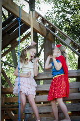 Girls dressed up as princess and superwoman playing in a tree house - HMEF00573