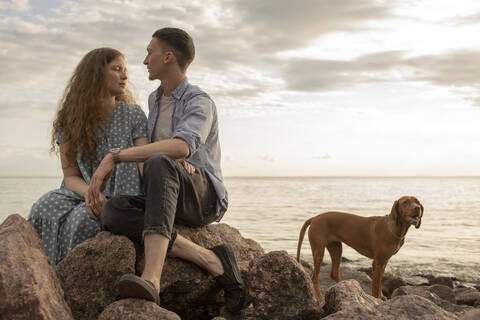 Young couple with dog at the beach stock photo