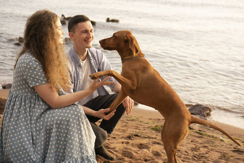 Couple with dog at the beach, dog giving paw - VPIF01527