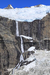 Glacier and waterfall, South Skjoldungen Fjord, Skjoldungen Island, glorious weather, remote South East Greenland, Denmark, Polar Regions - RHPLF11153