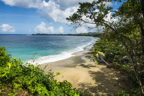 Blick auf den Schildkrötenstrand bei bewölktem Himmel auf Tobago, Karibik, lizenzfreies Stockfoto