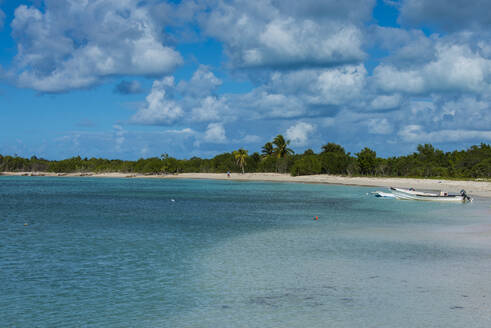 Boote vor Anker in der Gravenor Bay vor bewölktem Himmel auf der Insel Barbuda, Karibik - RUNF03212