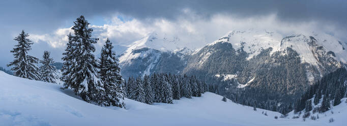Morzine Skigebiet, verschneite Winterberglandschaft, Port du Soleil, Auvergne Rhone Alpes, Französische Alpen, Frankreich, Europa - RHPLF11322
