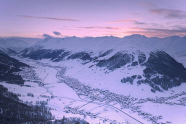 Elevated view of the village at sunset, Livigno, Valtellina, Lombardy, Italy, Europe - RHPLF11497