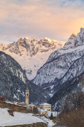 Alpine village of Soglio at sunset, Bregaglia Valley, Maloja Region, Canton of Graubunden, Switzerland, Europe - RHPLF11791