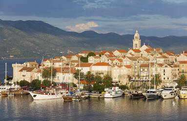 Blick über den Hafen auf die Altstadt, Yachten am Kai, Korcula Stadt, Korcula, Dubrovnik-Neretva, Dalmatien, Kroatien, Europa - RHPLF11929