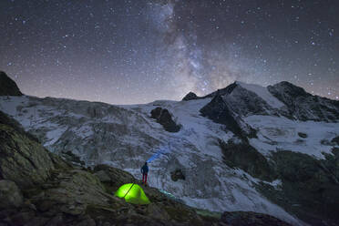 Starry sky and tent along The Walkers Haute Route from Chamonix to Zermatt, Swiss Alps, Switzerland, Europe - RHPLF11976