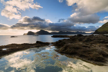 Ocean at sunrise, Gjogv, Eysturoy island, Faroe Islands, Denmark, Europe - RHPLF12104