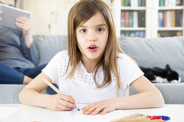 Portrait of girl drawing with coloured pencil at home - LVF08267