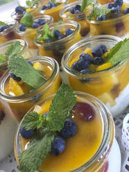 Close-up of yogurt with fruits and mint leaves served in drinking glasses on table - FCF01813