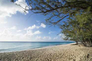 Idyllischer Blick auf den Strand von Norman Saunders gegen den Himmel an einem sonnigen Tag, Grand Turk, Turks- und Caicosinseln - RUNF03237