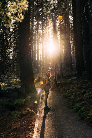 Frau mit Rucksack beim Wandern im Wald bei Sonnenuntergang im Sequoia National Park, Kalifornien, USA, lizenzfreies Stockfoto