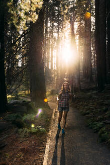 Frau mit Rucksack beim Wandern im Wald bei Sonnenuntergang im Sequoia National Park, Kalifornien, USA - GEMF03172