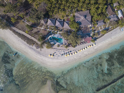 Drohnenansicht von Bäumen, die am Strand der Insel Gili-Air, Bali, Indonesien, wachsen - KNTF03488