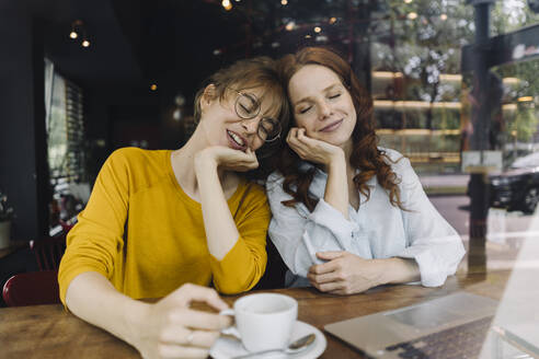 Zwei Freundinnen entspannen sich mit einem Laptop in einem Cafe - KNSF06666