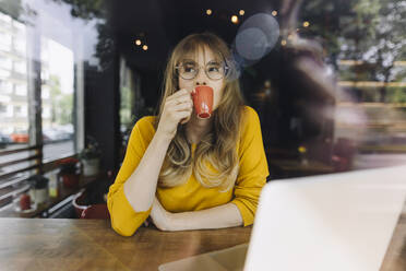 Frau mit Laptop trinkt Kaffee in einem Cafe - KNSF06713