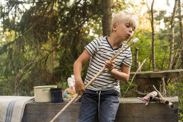 Boy blowing on marshmallow - JOHF01125