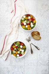 Napkin, forks, slices of bread and two bowls of fresh salad lying on tiled table - LVF08283