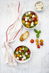 Serviette, Brotscheiben und zwei Schüsseln mit frischem Salat liegen auf dem gekachelten Tisch - LVF08288