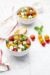 Napkin, slices of bread and two bowls of fresh salad lying on tiled table - LVF08289