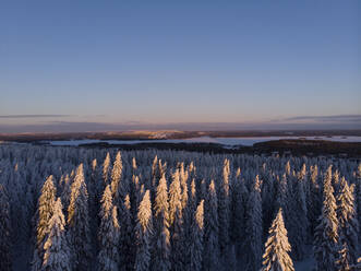 Finland, Kuopio, aerial view of winter landscape at sunset - PSIF00322