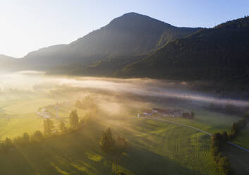 Deutschland, Bayern, Oberbayern, Isarwinkel, Jachenau, ländliche Landschaft im Nebel bei Sonnenaufgang - SIEF09079