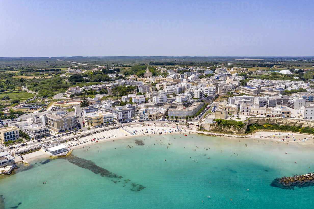 Italy, Apulia, Lecce, aerial view of coast stock photo